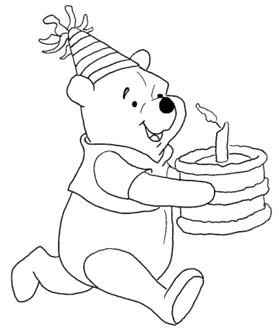 Pooh is bring a birthday cake Coloring page