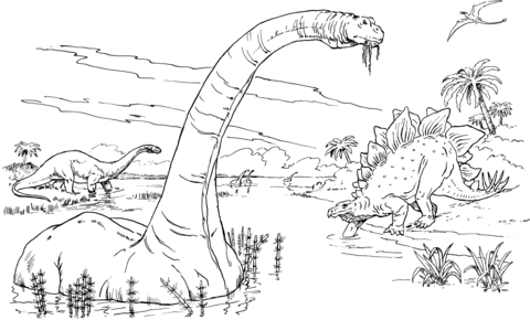 Brontosaurus-Apatosaurus, Stegosaurus and Rhamphorhynchus Coloring page