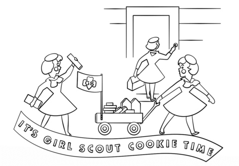 Brownie Girls Selling Cookies with Wagon Coloring page