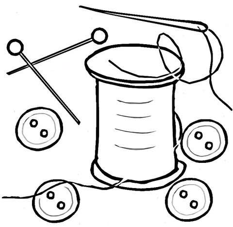 Buttons, a pin and a thread with a needle Coloring page