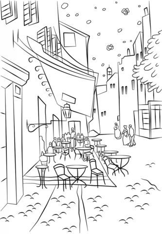 Cafe Terrace at Night by Vincent Van Gogh Coloring page