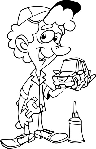 Cartoon Mechanic Holding Small Car Coloring page