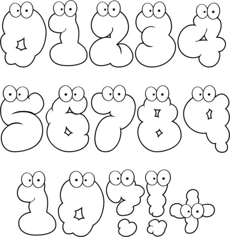 Cartoon Numbers Set 0-10 Coloring page