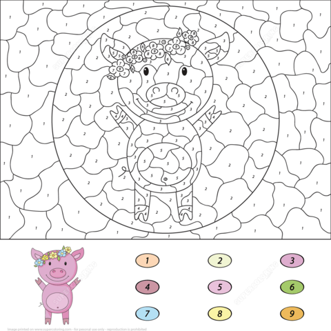 Cartoon Pig Color by Number Coloring page
