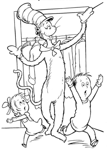 Cat in the Hat is playing with Sally and the Boy Coloring page