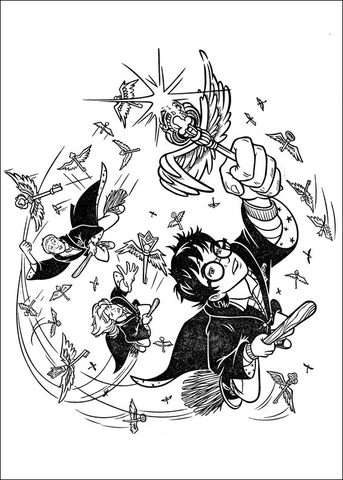 Harry, Ron and Hermione are catching magic keys in the air  Coloring page