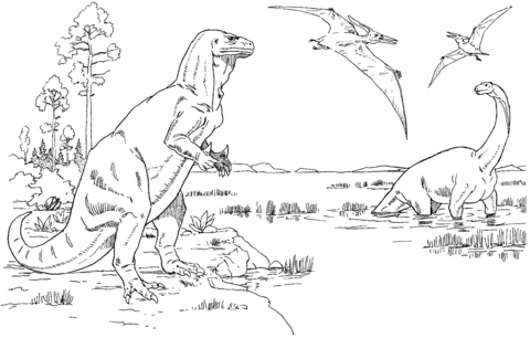 Iguanodon, Cetiosaurus and Pteranodons Coloring page