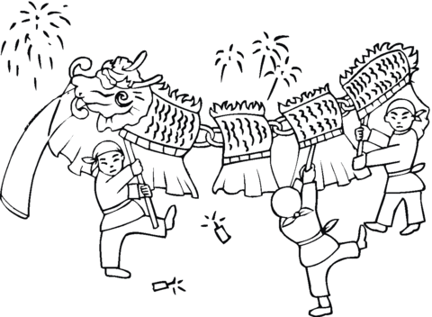 Children playing with dragon Coloring page