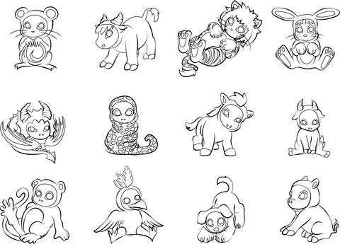 12 Chinese Zodiac Animals Coloring page