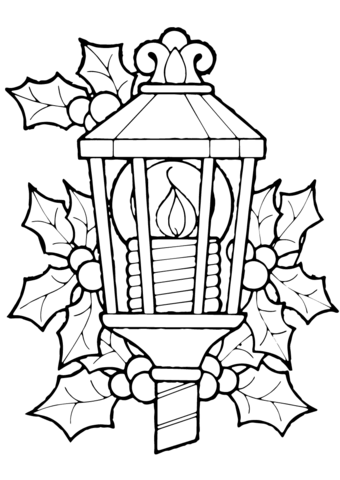 Christmas Lantern And Holly Coloring page