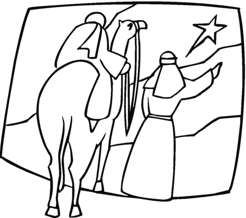 Kings on the camel are pointing at Christmas Star Coloring page