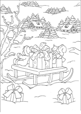 Christmas sleigh with gift boxes Coloring page