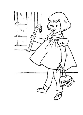 Little girl with candy and christmas bells Coloring page