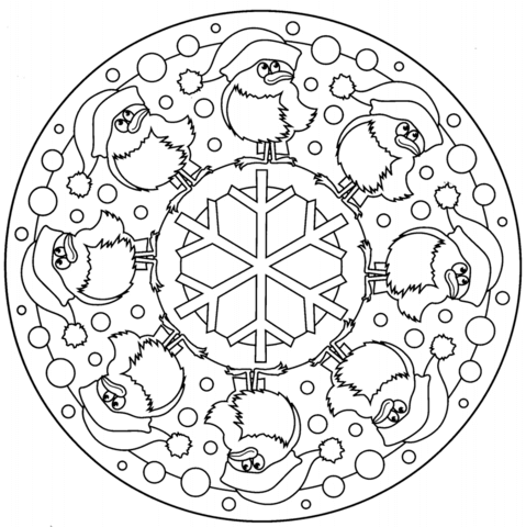 Christmas Mandala with Birds and Snowflake Coloring page