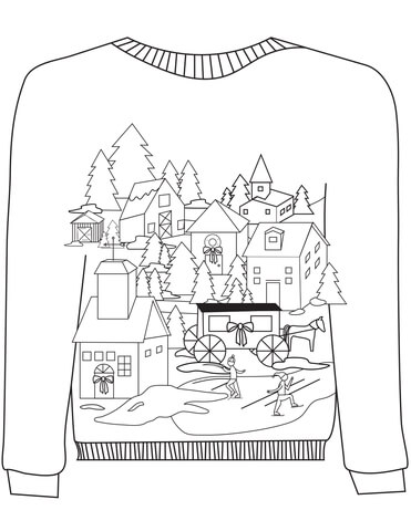 Christmas Ugly Sweater with a Village Motif Coloring page