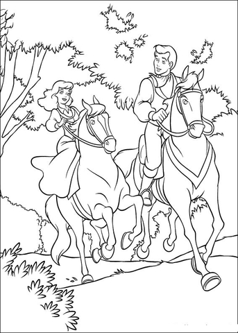 Cinderella And Prince Are Riding Horse Together  Coloring page