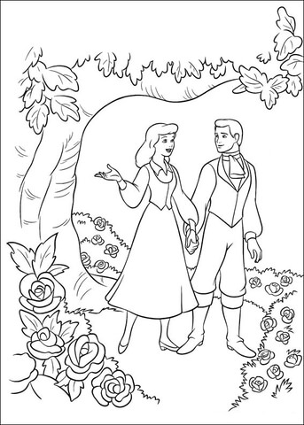 Cinderella And Prince Are Walking Together In The Garden  Coloring page