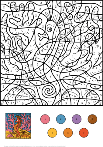 Seahorse Color by Number Coloring page