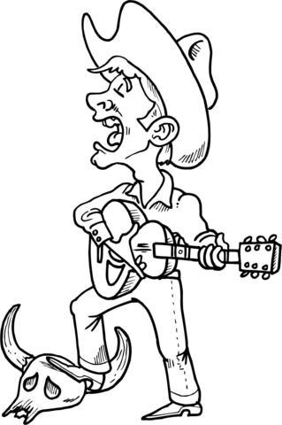 Cowboy Singing and Playing Guitar Coloring page