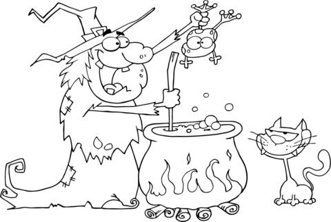 Crazy Witch with Black Cat Holding a Frog and Preparing a Potion Coloring page