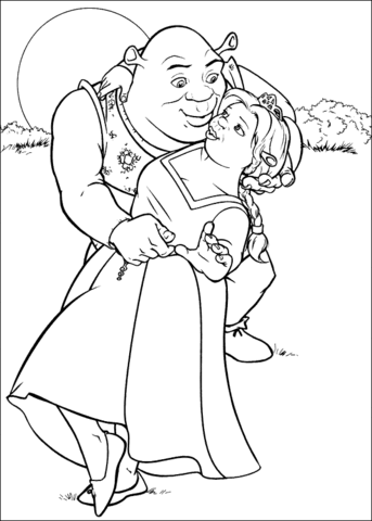 Shrek is dancing with Fiona under The Moon  Coloring page