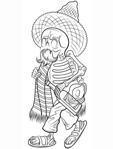 Day of the Dead Skeleton in Poncho and Sombrero Coloring page