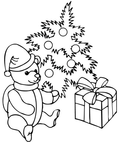 Decorated Christmas Tree with a Teddy Bear and a Gift Box  Coloring page