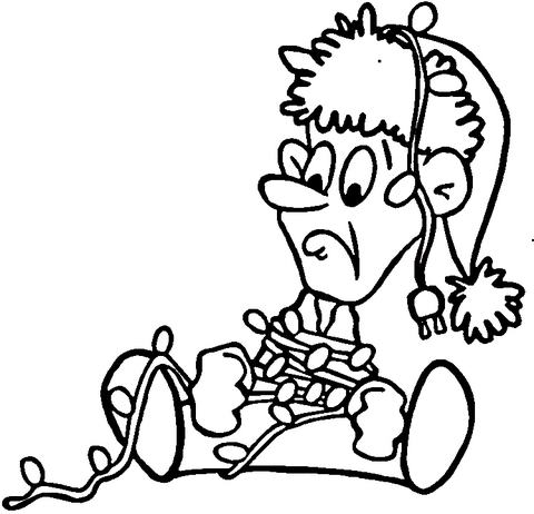 Elf tangled In Christmas lights  Coloring page