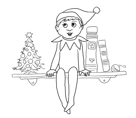 Elf Sits on Shelf Coloring page