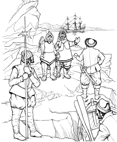 Eskimo Meets First Explorers of North America Coloring page