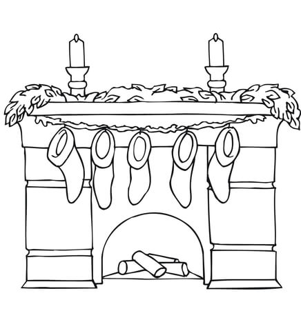 Fireplace with Mantel Holding Christmas Stockings  Coloring page