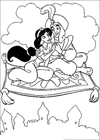 Aladdin and Jasmine on a flying carpet Coloring page