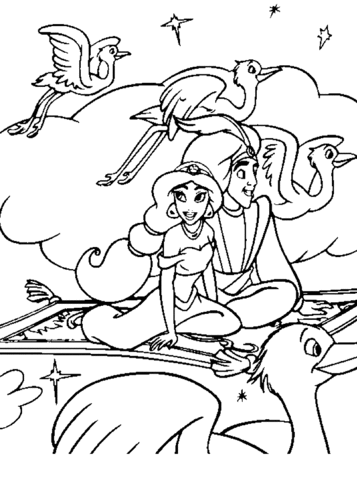 Aladdin and Jasmine in the sky Coloring page