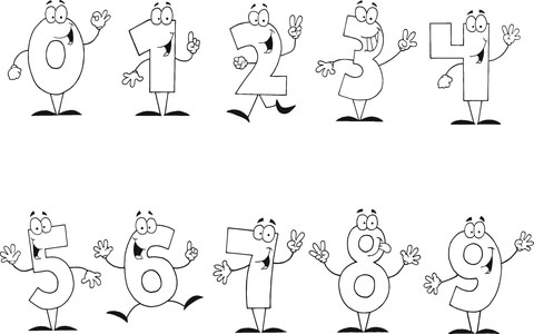 Friendly Cartoon Numbers Set 0-9 Coloring page