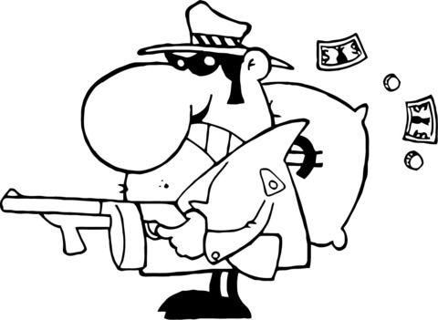 Gangster with his Gun and Bag of Money Coloring page