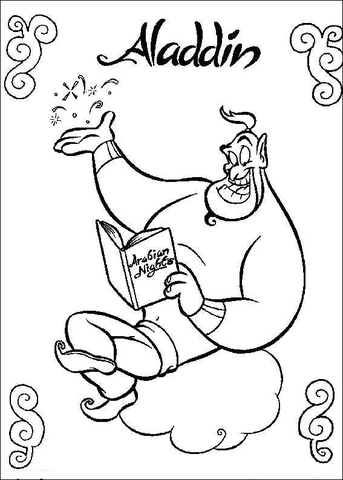 Genie reading the book Coloring page