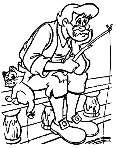 Gepetto Fishing With Cat Coloring page