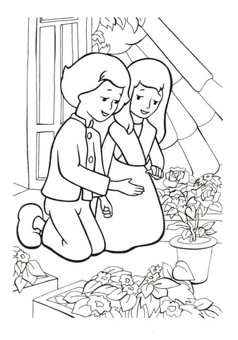 Gerda And Kai Are in the garden Coloring page