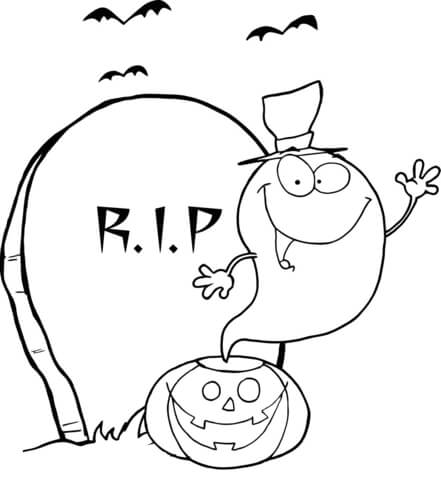 Ghost Waving from Pumpkin near Tombstone and Bats Coloring page