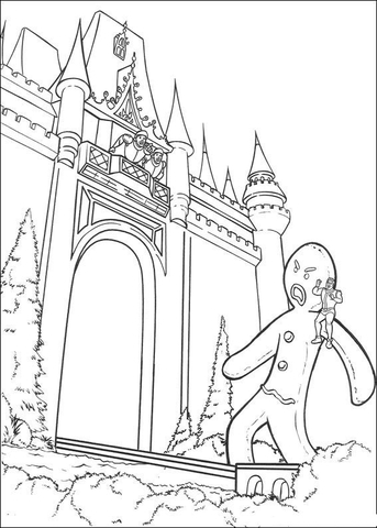 Mongo, the giant gingerbread man approaches the castle  Coloring page