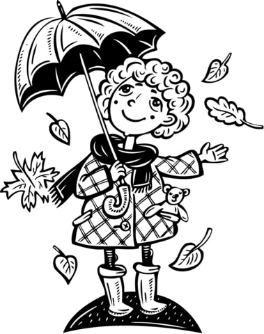 Girl Holding An Umbrella with Leaves Falling Coloring page