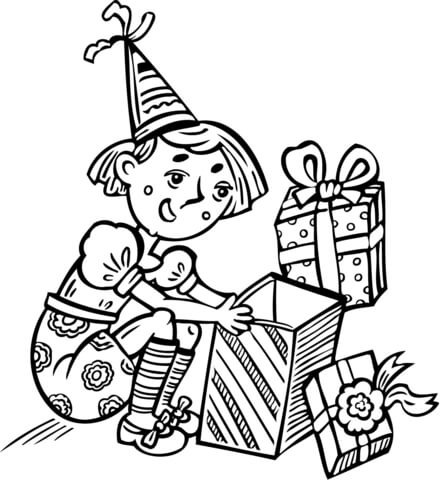 Girl Opening a Present on Her Birthday Coloring page
