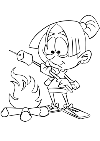 Girl Roasting Marshmallow over Camp Fire Coloring page