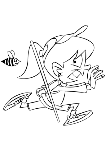 Girl Running from a Bee Coloring page