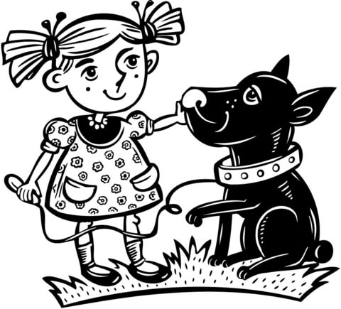 Girl with Her Pet Dog Coloring page