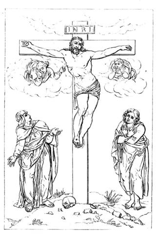 Jesus crucified on the cross with two angels Coloring page