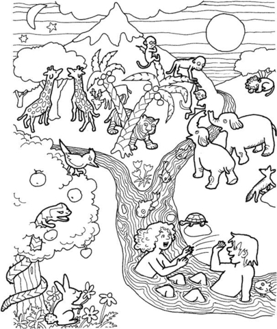 Adam and Eve in the garden of Eden Coloring page