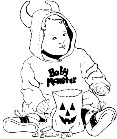 Boy dressed for Halloween with candies Coloring page