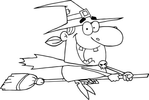 Halloween Witch Rides a Broom Coloring page
