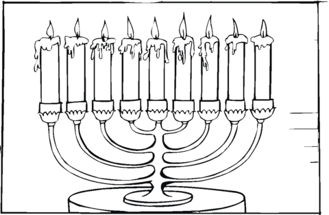Eight-brached menorah with burning candles Coloring page